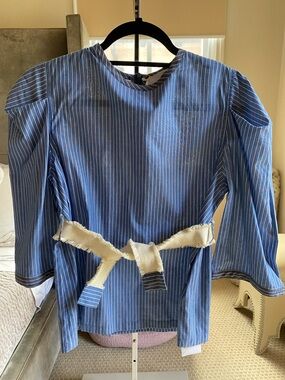 Striped Blue Puff-Sleeve Blouse - Women's
